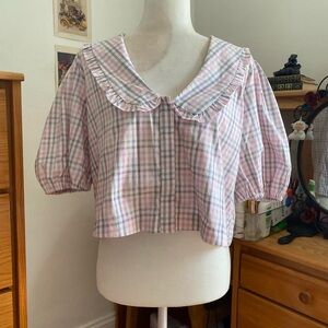 Coquette Preppy Pink Plaid Puff Sleeve Collared Crop Top Blouse